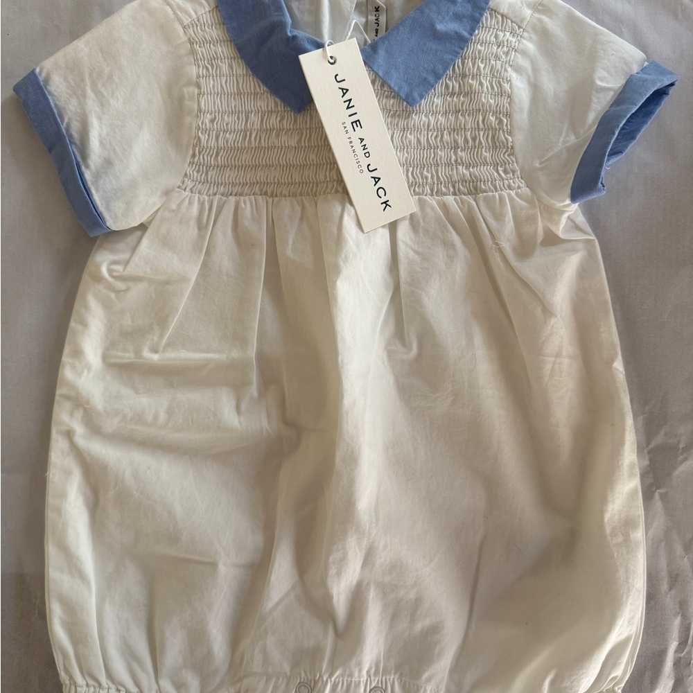 Janie and Jack Blue/White Unisex Infant One Piece Bubble Romper. 6-12 Months NWT